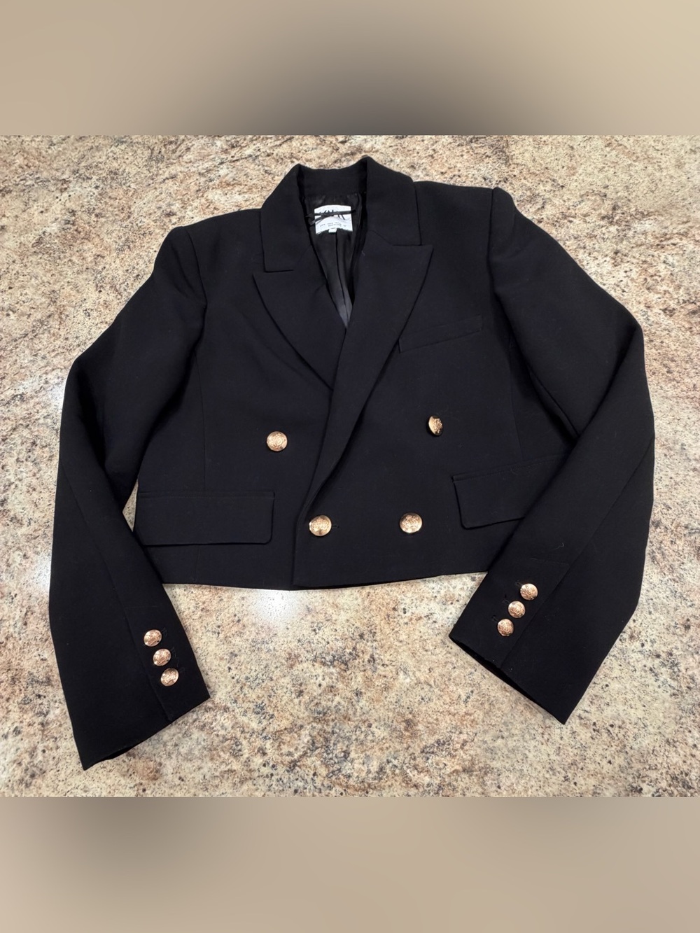 Zara Cropped Double-Breasted Black Blazer with Gold Buttons Size Small